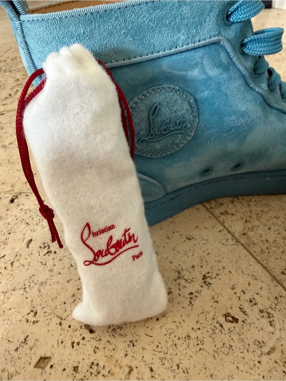 Christian Louboutin Men's Light Blue Suede High-Top Sneakers - Picture 10 of 10